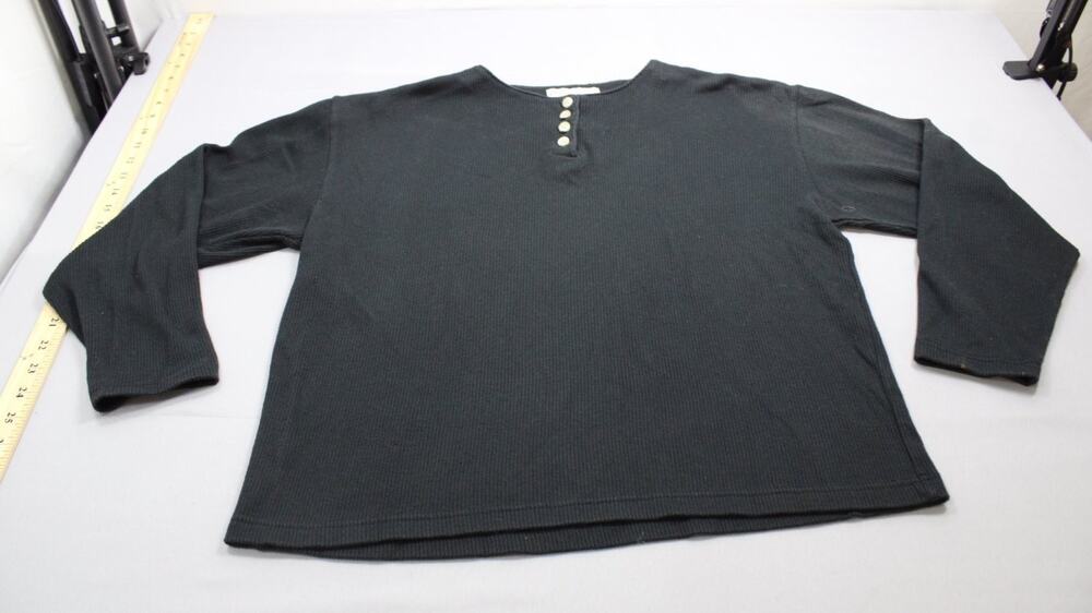 Dressbarn Women's Large Black Ribbed Henley Shirt Long Sleeve Button Pullover